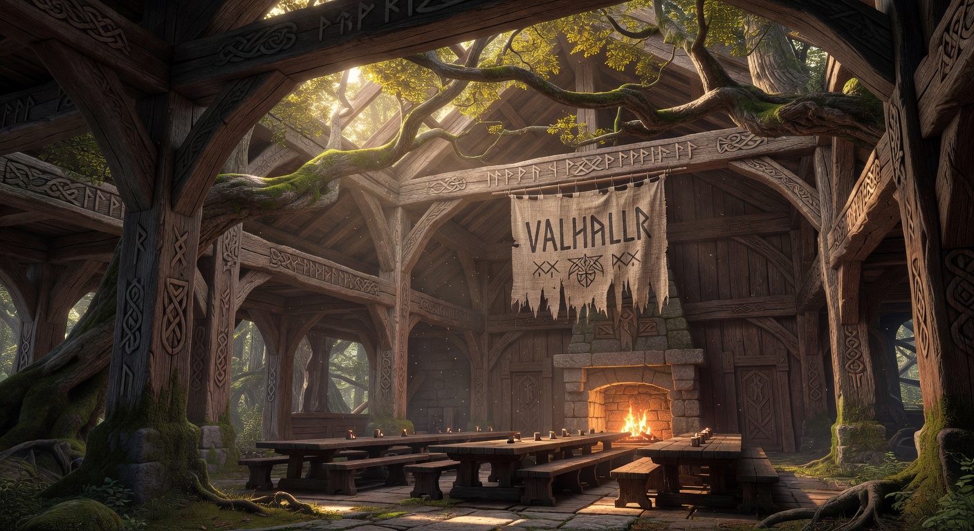 A grand wooden Valhalla feasting hall integrated with an ancient forest