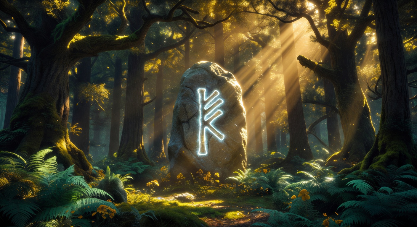 A glowing ancient Nordic rune surrounded by lush green forest and gold light rays